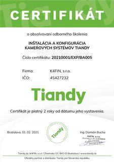 Certifikát Tiandy omnius s. r. o.