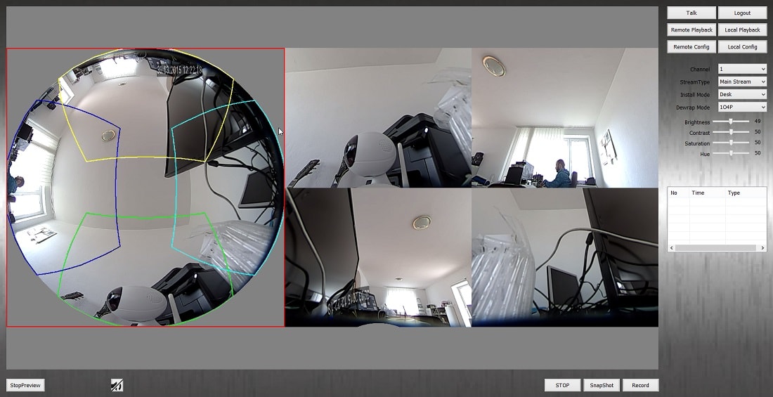 360° kamera, montáž na stole, dewarp zobrazenie 1o4p