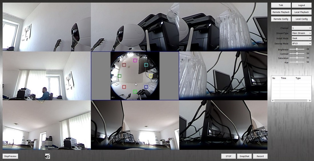 360° kamera, montáž na stole, dewarp zobrazenie 8p1o