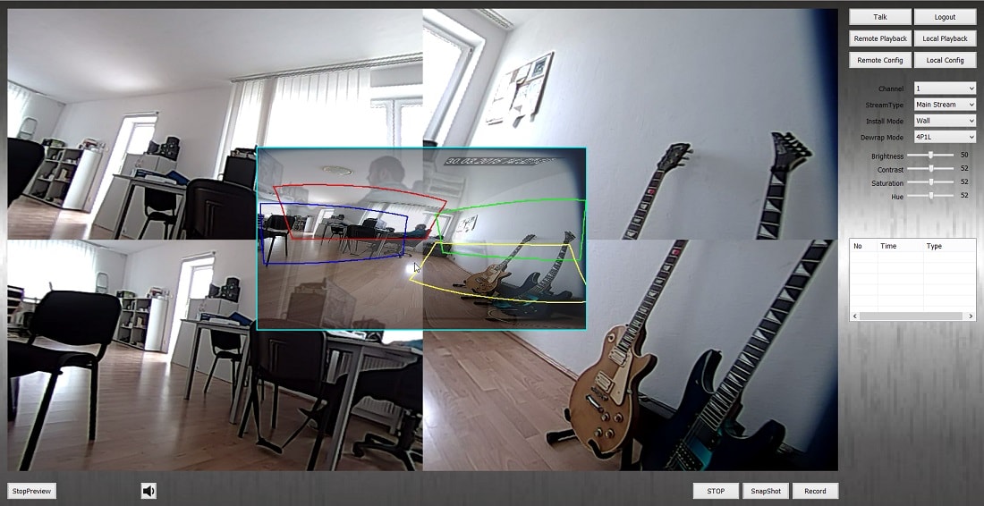 360° kamera, montáž na stenu, dewarp zobrazenie 4p1l