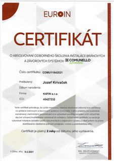 Certifikát comunello K4FIN, s.r.o.