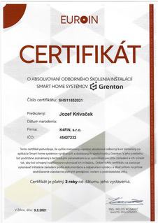 Certifikát grenton K4FIN, s.r.o.
