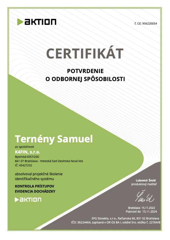 Certifikát AKTION K4FIN, s.r.o.