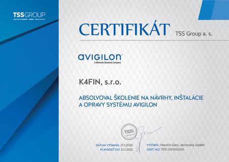 Certifikát avigilon K4FIN, s.r.o.