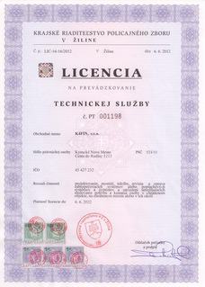 Licencia technickej služby PZ K4FIN, s.r.o.